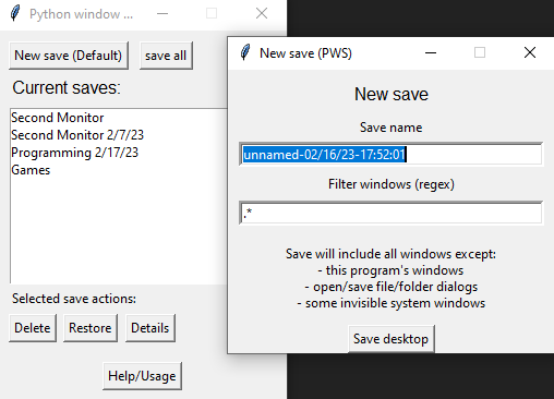 A screenshot of the window saver application